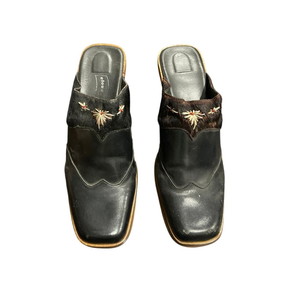 Cloudwalkers Planet Black Leather Embroidered Mules Calf Hair SZ 12 Y2K Western